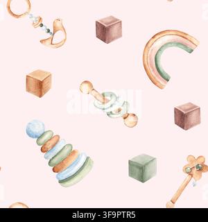 Babymuster ohne Naht. Aquarell-Holzspielzeug und Rasseln auf rosa Hintergrund. Geeignet für Stoff, Textilien, Tapeten, Geschenkpapier und Baby Stockfoto