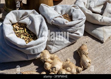 Jutebeutel enthalten getrocknete Kardamomkapseln und Koriandersamen. Frische Ingwerstücke liegen vor den Beuteln auf einer gewebten Stoffoberfläche. Stockfoto