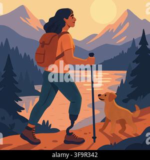 Handgezeichnete Illustration einer Frau mit einem Prothesenbein, die mit ihrem Hund neben einem Bergsee bei Sonnenuntergang wandert Stockfoto