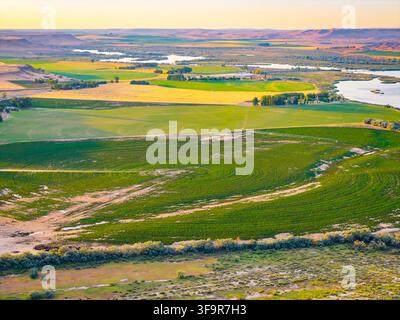 Luftaufnahme zeigt üppige grüne kreisförmige Farmfelder, die sich über das ländliche Idaho zum Sonnenuntergang erstrecken Stockfoto