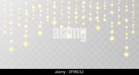 Lichtbirnenvorhang, Stern-Schnurrahmen. Feengirlande hängende Schnüre. Weihnachtsdekoration png, Feiertagslampenkugel, goldglitzerndes festliches Muster. 3d Stock Vektor