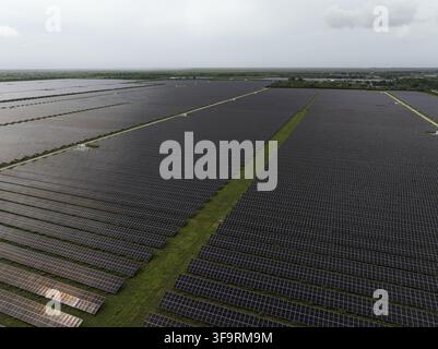 Luftbild einer weitläufigen Solarfarm mit Reihen von Photovoltaikpanelen, die sich unter einem bewölkten Himmel in Miami, Florida, USA, über die Landschaft erstrecken Stockfoto