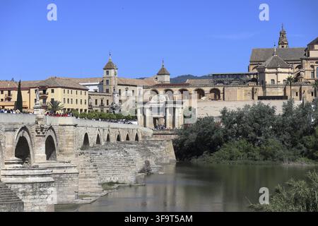 Panoramatische Ansicht der Moschee-Kathedrale mit römischer Brücke in Cordoba - Spanien. Stockfoto