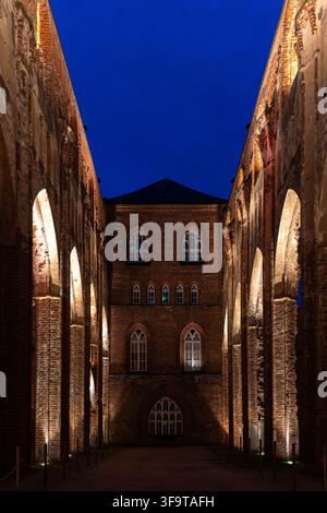Tartu, Estland, 01.08.2026: Innenansicht der beleuchteten Ruinen der Tartu-Domkirche, mit hohen Ziegelmauern und spitzen Bögen, die das offene R umgeben Stockfoto