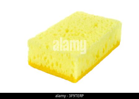 Gelber Schaumschwamm ist auf weißem Hintergrund isoliert. Schwamm Nahaufnahme auf weißem Hintergrund. Stockfoto