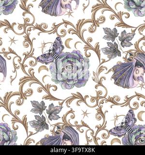 Heraldisches Ornament mit Motte und niedlicher Fledermaus, nahtloses Muster. Handgezeichnetes Aquarell-Gold-Barock-Motiv und Pfingstrosenblüten. Vintage-Grafik für dekoratives Design. Halloween-Wiederholung für Stoff oder Tapete. Stockfoto