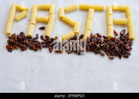 Rohe Rigatoni-Pasta formt das Wort Pasta in der Nähe von getrockneten Chilischoten auf weißem Leinenhintergrund mit Kopierraum für Designlayout Stockfoto