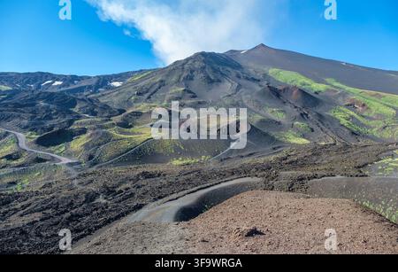 Panoramischer Blick auf den Gipfelkrater des Ätna und die vulkanischen Hänge über den Silvestri-Kratern, Sizilien Stockfoto