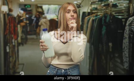 Frau hält Milchflasche, Hand am Kinn und rollt mit den Augen zwischen Kleiderständern in einem Secondhand-Laden; Überlegungen zur Langeweile. Stockfoto
