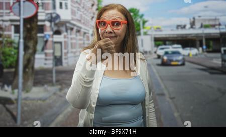 Frau mit orangefarbener Brille, die auf einer Straße vor Gebäuden ihren Mund berührt, in Strickjacke und Tanktop; nachdenkliche Reflexion. Stockfoto