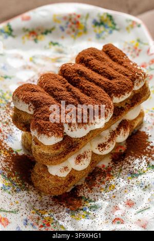 Hausgemachtes Tiramisu-Dessert auf einem Blumenmuster-Teller Stockfoto