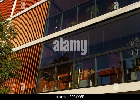 Moderne Architektur zeigt eine Glasgebäudefassade mit einem dekorativen orangefarbenen Jalousienbildschirm, der Schatten und einzigartige Texturen für Stadtwohnungen bietet Stockfoto