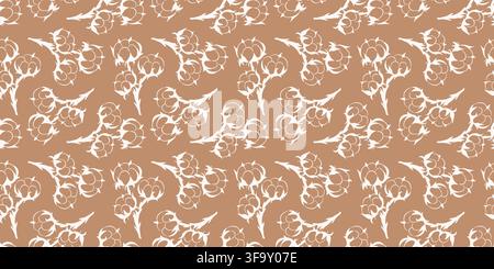Nahtloses Muster mit handgezeichneter Baumwollblüte auf braunem Hintergrund. Natürlicher organischer Textildruck, Tapetendesign, florale Natur Soft Stock Vektor