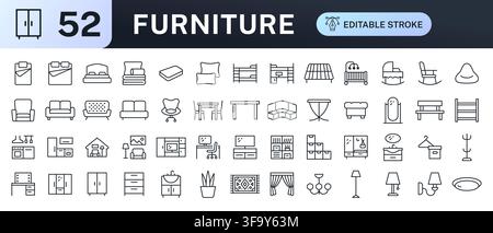 Möbel-Linien-Icon-Set. Bett, Sofa, Stuhl, Tisch, Kleiderschrank, Küche, Schrank, Schreibtisch und Wohnraum-Interieur lineare minimale Vektorillustration. Einfach Stock Vektor