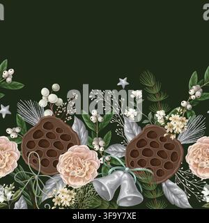 Weihnachtsbordur Botanisches Muster mit Glocken Blumen Beeren Lotusblüten Eleganter Feiertagsdruck Stock Vektor