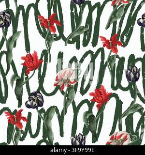 Nahtloses Blumenmuster mit ausdrucksstarken Tulpen auf abstraktem Kurvenhintergrund für moderne Textilien Stock Vektor