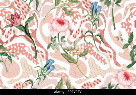 Nahtloses Blumenmuster mit organischen Kurven, botanischen Stielen und elegantem abstrakten floralen Hintergrund Stock Vektor
