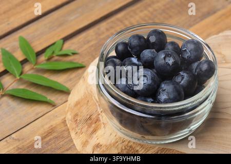 Frische Blaubeeren in einem Glas und Zweig auf Holztablett Stockfoto