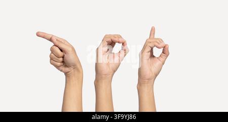Gehörloses Alphabet-Buchstabe "Gott" mit der Hand. Der Buchstabe "Gott" in Gebärdensprache, isoliert auf weißem Hintergrund. Handbewegungen. Hörstörungen. Stockfoto