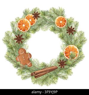 Handgezeichneter Weihnachtskranz-Illustration mit Ingwerbrot und getrockneter Orange Stockfoto
