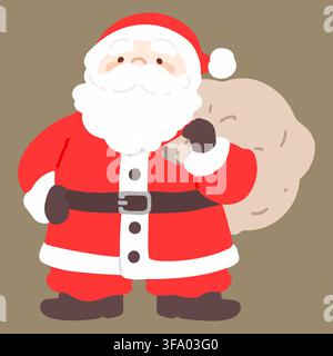 Flach gefärbte, bezaubernde und einfache Illustration von Santa Claus, der einen Sack mit Geschenken trägt Stock Vektor
