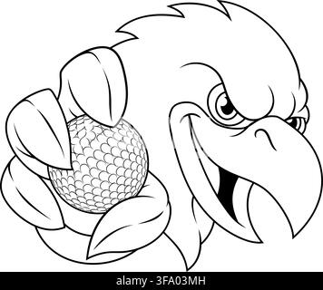 Ein Vogel Adler, Falke, Habicht, Rabe oder Krähe Golf-Sportmannschaft-Maskottchen-Cartoonfigur, die einen Ball hält. Stock Vektor
