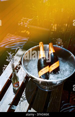 zwei Flaschen Champagner oder Prosecco, die im Eis kühlen, mit Licht, das in die Kamera dringt und einen auffälligen analogen BlitzEffekt und visuellen Artefakt erzeugt. Stockfoto