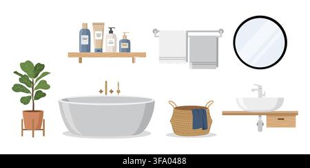 Badezimmer-Innenarchitekturelemente-Set inklusive Badewanne, Waschbecken, Spiegel, Holzregal mit Kosmetikprodukt, Handtuch, Pflanze und Wäschekorb. Stock Vektor