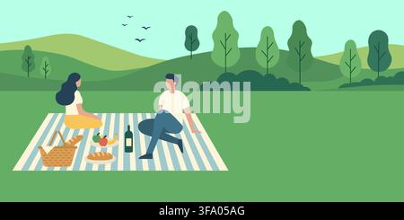 Frau und Mann haben Picknick auf dem Gras im Park. Paar sitzt auf einer Decke mit Korb und Essen. Romantisches Date im Freien in grüner Natur. Stock Vektor