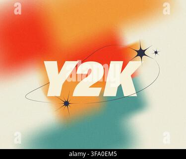 Y2K-Ästhetik-Hintergrundvektor mit verschwommenem farbigem Farbverlauf, Rauschstruktur, glitzernden Sternen, Orbitrahmen. Vintage-2000er-Retrodesign für Poster Stockfoto