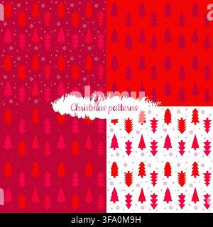 Sammlung von vier nahtlosen Weihnachtsmustern mit minimalen Baumsilhouetten und Schneeflocken in Rottönen. Sauberes skandinavisches Stil-Design ideal Stock Vektor