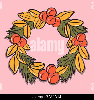 Handgezeichnete Weihnachtskranz-Illustration mit roten Beeren, goldenen Blättern und grünem Laub, angeordnet in einem kreisförmigen Rahmen auf einem weichen rosa Hintergrund Stockfoto