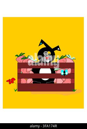 Kinder-Vektorillustration eines schwarzen Kaninchens, das von einer Biene gestochen wurde und in einer Kiste voller Karotten auf einem gelb-weißen Hintergrund steht Stock Vektor
