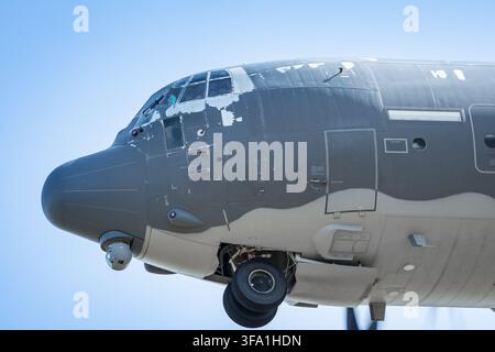 Die Lockheed C-130 Hercules der United States Air Force zeigt ihre Kampfnarben, als sie in RAF Valley in Anglesey landet Stockfoto