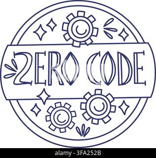 Null-Code-handgezeichnete Schriftzug-Doodle-Plakette mit Zahnradsymbolen und Glitzereffekten, Keine Code-Entwicklung, Softwareautomatisierung, Digitaler Workflow, Technologie Und Stock Vektor