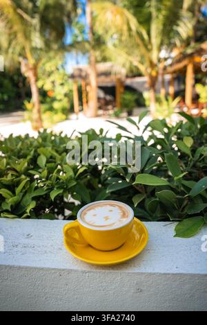 Gelbe Keramiktasse mit Cappuccino und Katzenschaumkunst steht auf einer weißen Kante im Freien, umgeben von Laub und Palmen auf der Insel Dhigurah auf den Malediven Stockfoto