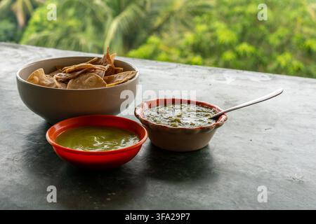 Mais-Tortilla-Chips mit Salsa Verde und Guacamole als traditionelle mexikanische Vorspeisen Stockfoto