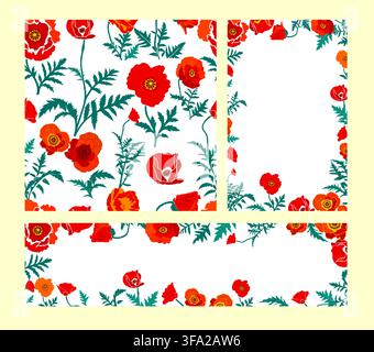 Roter Mohnrahmen. Ein Satz Mohnhintergründe. Nahtloses Blumenmuster... Handgezeichnet. Nicht AI, Vektordarstellung. Stock Vektor