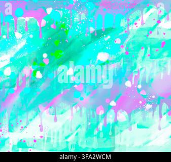 Schöne Spritzer und Tropfen von rosa, blaugrünem und weißem Aquarellfarben digital handgemalt. Stockfoto