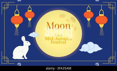 Mondlichtfest Mondhase Laterne Mondhase Vollmond chinesische Laterne Mondkuchen Wolke traditionelles Element für Grußkarte Banner Poster saisonales Design Vektorillustration. Stock Vektor
