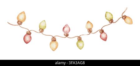 Aquarell-Weihnachtsgirlande mit buntem Glühbirnenstrang. Vintage-Feierillustration zeigt niedliche tropfenförmige Dekoration. Festliches Ornament eignet sich für Karten- und Bannerrahmen. Saisonale Grafik für die Party. Stockfoto
