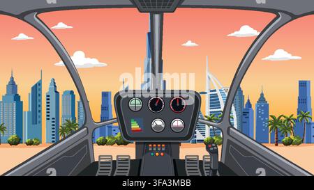Vektorillustration eines Hubschrauberinnenraums mit Blick auf eine Küstenmetropole mit Wolkenkratzern und Palmen. Stock Vektor