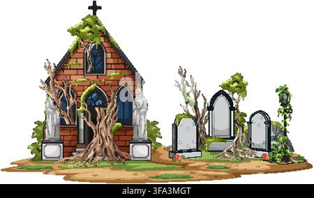 Vektorillustration einer verlassenen Kapelle und Grabsteine mit verdrehten Bäumen, Moos und überwucherter Vegetation Stock Vektor