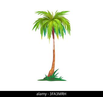 Cartoon-Dschungel-Kokosnuss- und Bananenpalme mit einem hohen Stamm und einer Gruppe grüner Wedel auf einem Fleck grünen Rasens. Isolierte tropische Pflanze, Spielasset, exotische Flora und Regenwald- oder Strandvegetation Stock Vektor
