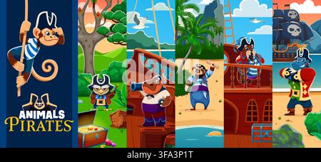 Cartoon-Tierpiraten und Korsarenfiguren auf dem Deck eines Segelboots und auf einer Insel mit Schatzkarte, Truhe, schwarzen Segeln und Flagge. Niedlicher Affe, Nilpferd, Gorilla und Eule, Walross und Faultier als Tierpiratensegler Stock Vektor