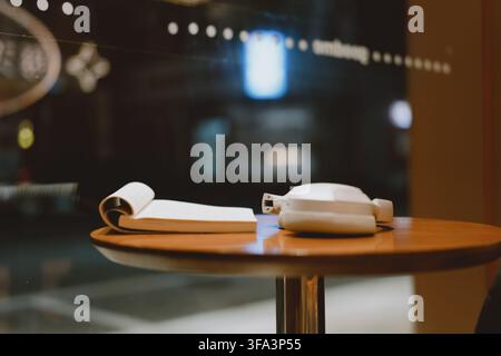 Gemütliche Café-Szene in Tokio, Japan: offenes Buch und weiße Kopfhörer, die auf einem Holztisch ruhen, gesehen Stockfoto