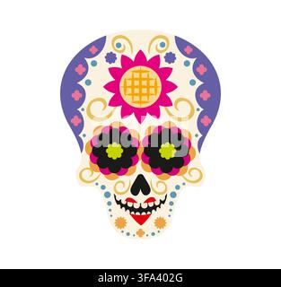 Farbenfroher mexikanischer Zuckerschädel verziert mit Blumenornamenten, geometrischen Details und traditionellen Tag-der-Toten-Mustern. Lebendiger Calavera-Schädel für Dia-de-los-Muertos-Dekorationen und Grußkarten Stock Vektor