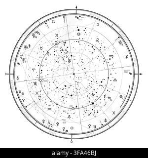 Astrologische Himmelskarte der nördlichen Hemisphäre. Das Allgemeine Globale Universelle Horoskop am 1. Januar 2021 (00:00 GMT). Detailkarte mit symb Stockfoto