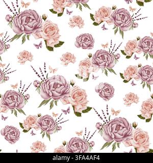 Reiches nahtloses Muster mit Rosen, Pfingstrosen, Lavendelstängeln und zarten Schmetterlingen, handgemalt im Aquarellstil. Perfekt für Stoff, Tapete, Stockfoto