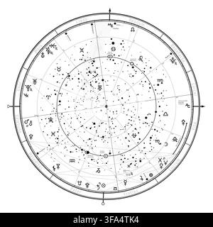 Astrologische Himmelskörper Karte der nördlichen Halbkugel. Horoskop am Januar 1, 2019 (00:00 GMT). Detaillierte Übersicht Chart mit Symbolen und Zeichen des Tierkreises, Stockfoto